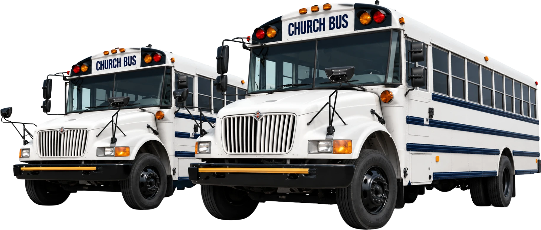 Two white church buses with navy stripes
